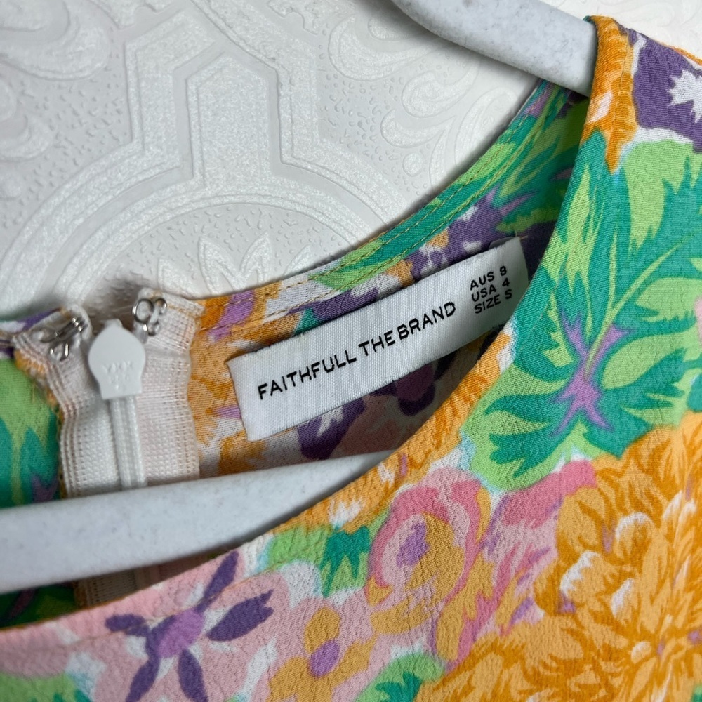 Faithful The Brand Daphne Dress Ade Floral Orange Purple Short Sleeve Flutter - Picture 5 of 11